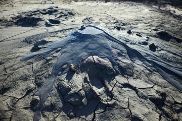 A mud volcano and a stream of grey clay from an eruption and gas escape. Cracked soil surface....