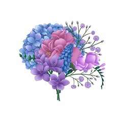 pastel romantic flower bouquet in pink, blue and purple color, alstroemeria, freesia, hydrangea, muscari, eucalyptus blooming spring garden isolated on white background