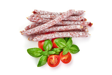 Salami sticks, isolated on white background.