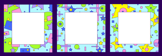 Set of Greeting card templates. Colorful traditional cartoon design, geometric figures. Stars, rectangles, squares. Birthday card, banner, invitation. Yellow, pink, blue, green and yellow frames