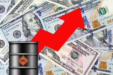 Concept of rising oil prices. Barrel of oil and a graph with an arrow up, on the background of dollar bills. World crisis. Business.