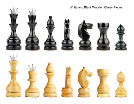 Set of white and black, wooden chess pieces. Isolated on a white background. Design element. Sports Hobby.