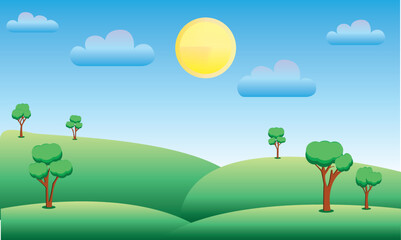 Cartoon landscape, green field, landscape view, game background, summer or spring meadow or pasture with plants. Park with green trees. Vector cartoon illustration of summer landscape.
