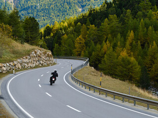Back view of motorcyclist in black jacket and helmet riding sportbike along twisty road between tall green trees and beautiful mountain view. Active lifestyle, love to adventures concept.