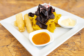 Peruvian food: Dried meat, accompanied with 