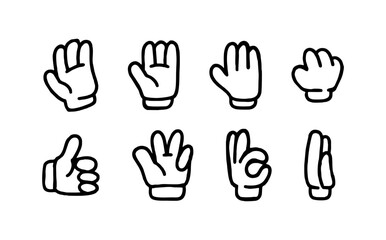 Fototapeta premium A set of retro hand gloves from cartoons of the 30s. Vintage comic smile black and white vector illustration