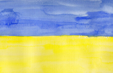Blue and yellow national Ukrainian flag. Background. Watercolor painting.