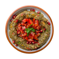 babaganoush dish with sliced tomatoes on plate top view isolated on white background