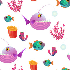 fun seamless pattern with stylized fish and corals. Underwater anglerfish in cartoon style for textiles, paper, art, advertising, etc.