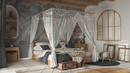 Elegant bedroom with canopy bed in white and gray tones. Parquet, natural wallpaper and cane ceiling. Bohemian rattan and wooden furniture. Boho style interior design