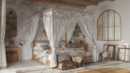 Obraz na płótnie Canvas Elegant bedroom with canopy bed in white and beige tones. Parquet, natural wallpaper and cane ceiling. Bohemian rattan and wooden furniture. Boho style interior design