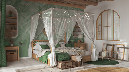Elegant bedroom with canopy bed in white and green tones. Parquet, natural wallpaper and cane ceiling. Bohemian rattan and wooden furniture. Boho style interior design