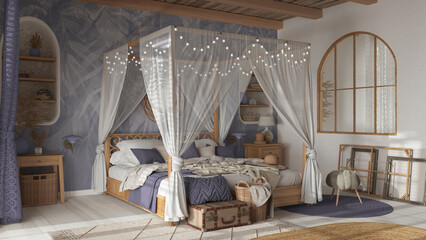 Fototapeta na wymiar Elegant bedroom with canopy bed in white and purple tones. Parquet, natural wallpaper and cane ceiling. Bohemian rattan and wooden furniture. Boho style interior design