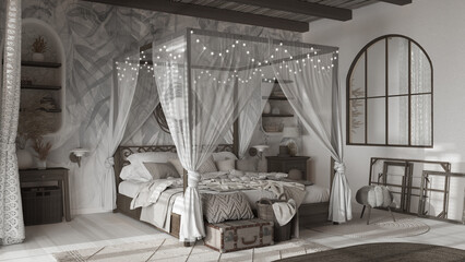 Elegant bedroom with canopy bed in white and dark tones. Parquet, natural wallpaper and cane ceiling. Bohemian rattan and wooden furniture. Boho style interior design