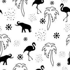 Fototapeta premium Tropical seamless pattern with elephant, flamingo, flowers, polka dots and palm trees. Packaging design, prints, textiles, bedding and wallpapers. Monochrome pattern.
