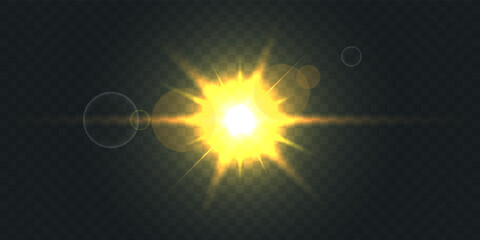Sun with glow effect. Sunlight with rays and glare. Vector illustration.