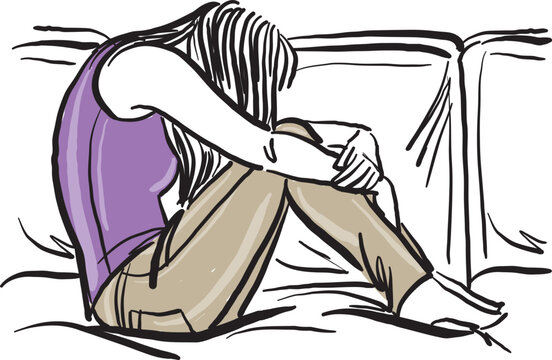 young woman depressed sad lonenly sitting in sofa vector illustration