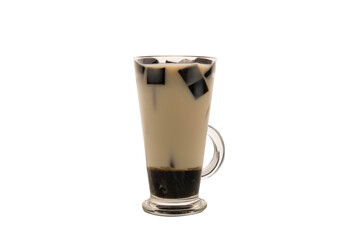 Iced gula melaka grass jelly soy milk served in mug isolated on plain white background side view