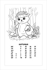 The kitten collects mushrooms. Camping in the woods. Coloring book for children. Vector illustration isolated on white background. Calendar, September.