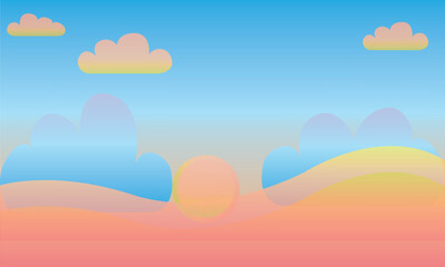 Obraz na płótnie Canvas Cartoon landscape, pink sunset, landscape view, bright game background, Vector cartoon illustration of a summer landscape.