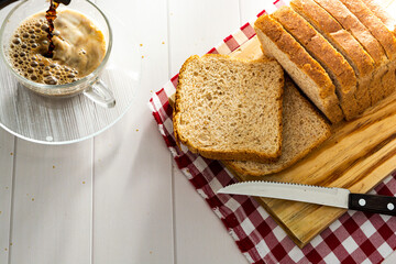 loaf bread or whole bread with natural fermentation, in a breakfast scene or afternoon coffee break