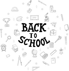 Hand drawn school stationery icon set. Lettering word Back to school.