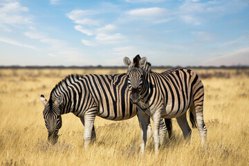 Fototapeta na wymiar Two zebras in the savannah in the wild 
