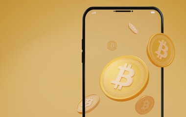 3D rendering of golden cryptocurrency coin on Mobile on glod background. Blockchain cryptocurrency digital currency concept. Bitcoin exchange. Bitcoin Crypto on Mobile. web banner.