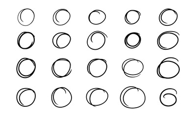 Circle hand drawn and sketch line circular handdrawn. Scratch round element design vector illustration. Black shape frame and stroke doodle art. Pen ellipse scrawl set icon and drawing collection
