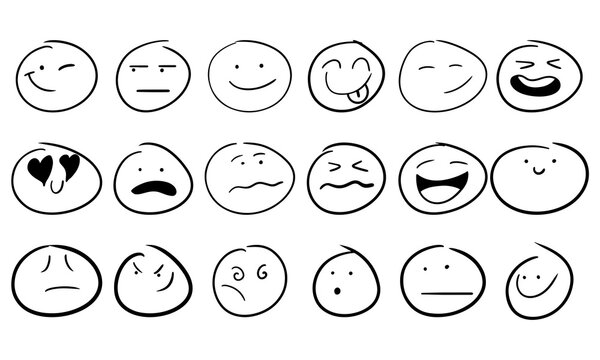 Smiley handdrawn face doodle icon and freehand smile. Emoticon sign sketch and symbol expression vector illustration. Cartoon people emotion set and drawn mood character. Cute caricature head drawing