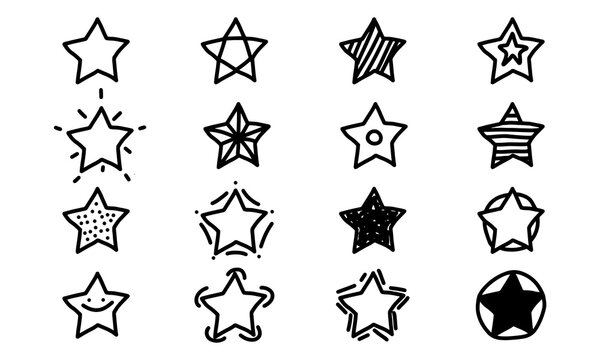 Cartoon hand drawn star and handdrawn night icon set. Doodle set design and element drawing vector illustration. Scribble sign collection and outline isolated white object. Abstract drawing art
