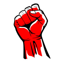 Red hand clenched fist. Symbol of revolutionary protest. Vector on transparent background