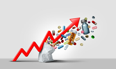 Rising medicine cost and medication prices surging costs of pharmacy and pharmacies as an inflation financial crisis concept coming out of a paper bag shaped hit by a a finance graph arrow - obrazy, fototapety, plakaty