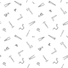 Black and white pattern of carpentry tools for work of carpenter. Vector illustration in outline flat style