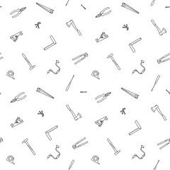 Obraz premium Black and white pattern of carpentry tools for work of carpenter. Vector illustration in outline flat style