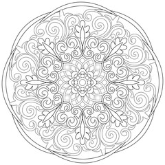 Colouring page, hand drawn, vector. Mandala 59, ethnic, swirl pattern, object isolated on white background.