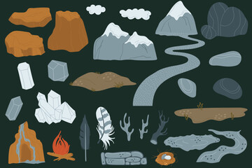 Landscape with mountains, rivers, stones, crystals, glades