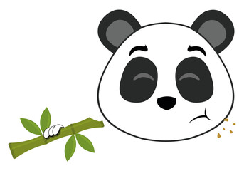 Vector illustration of the face of a cartoon panda bear eating a bamboo plant