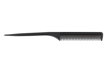 Comb with a tail. Professional hairdressing comb Rat Tail for hair. Comb with a thin and long handle on a white background. Premium hairdressing accessories for haircuts.