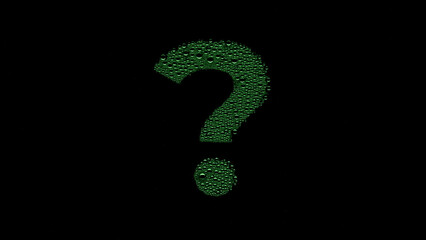 Question mark printed with green drops on the glass surface on black background | doubt concept