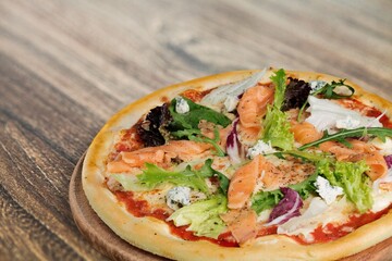 Tasty Italian pizza with cheese, delivery concept