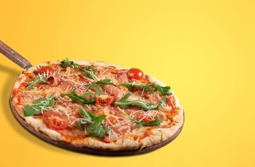 Tasty Italian pizza with cheese, delivery concept