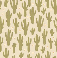 Seamless pattern of saguaro cactus with flowers. Desert plants. Flat vector illustration isolated on beige background.