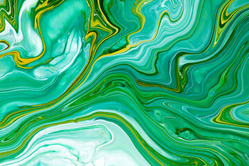 Fluid art texture. Abstract background with iridescent paint effect. Liquid acrylic picture with chaotic mixed paints. Can be used for posters or wallpapers. Green, blue and white overflowing colors.
