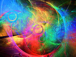 Imagen de arte fantástico digital compuesta de formas circulares y elípticas coloridas con fondo oscuro mostrando algo semejante a un eclipse de cuerpos etéreos galácticos. © Pedroml