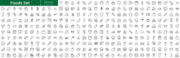 Set of outline Foods icons. Editable stroke thin line icons bundle. Vector illustration - obrazy, fototapety, plakaty