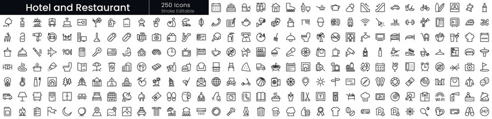 Set of outline Hotel and Restaurant icons. Editable stroke thin line icons bundle. Vector illustration