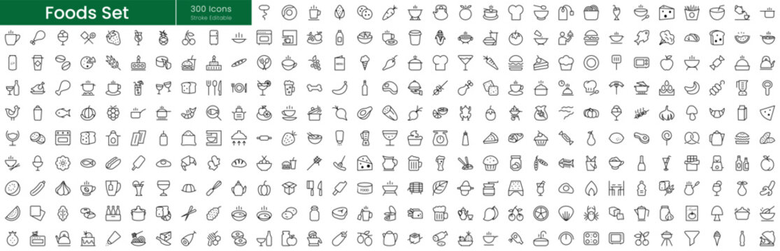 Set of outline Foods icons. Editable stroke thin line icons bundle. Vector illustration