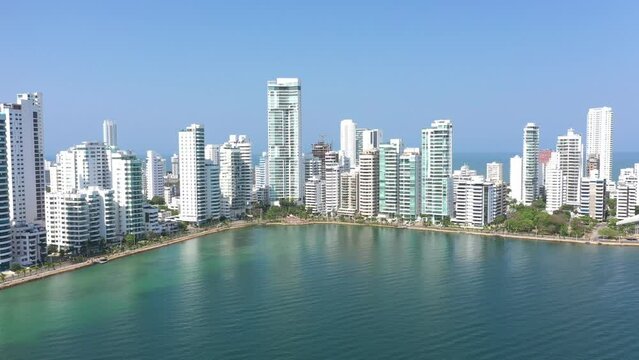 Aerial view of modern high rise buildings in the Bocagrande neighbourhood in Cartagena de Indias, Caribbean Coast Region, Colombia. Bolivar, Colombia Skyline 