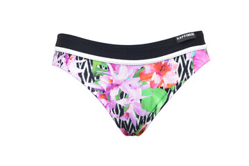 Multi-colored panties with a black stripe from a women's swimsuit isolated on a white background....